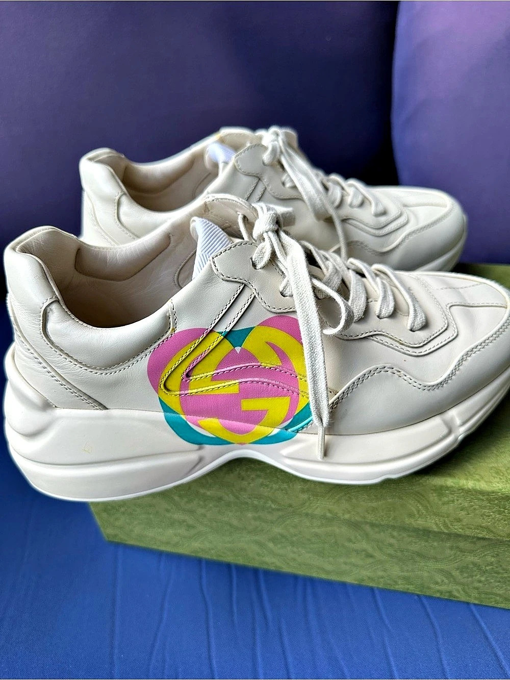 Gucci Rhyton Sneakers Interlocking G Neon Multicolor Cream Ivory Size 38.5 US 8.